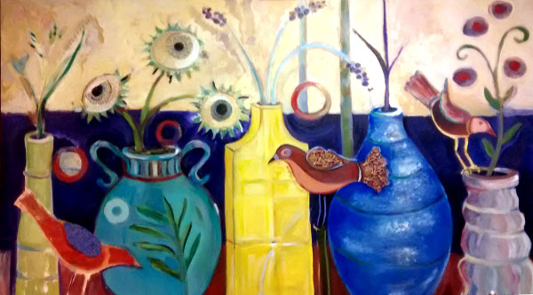 painting 'Scene With Birds Getting Close'